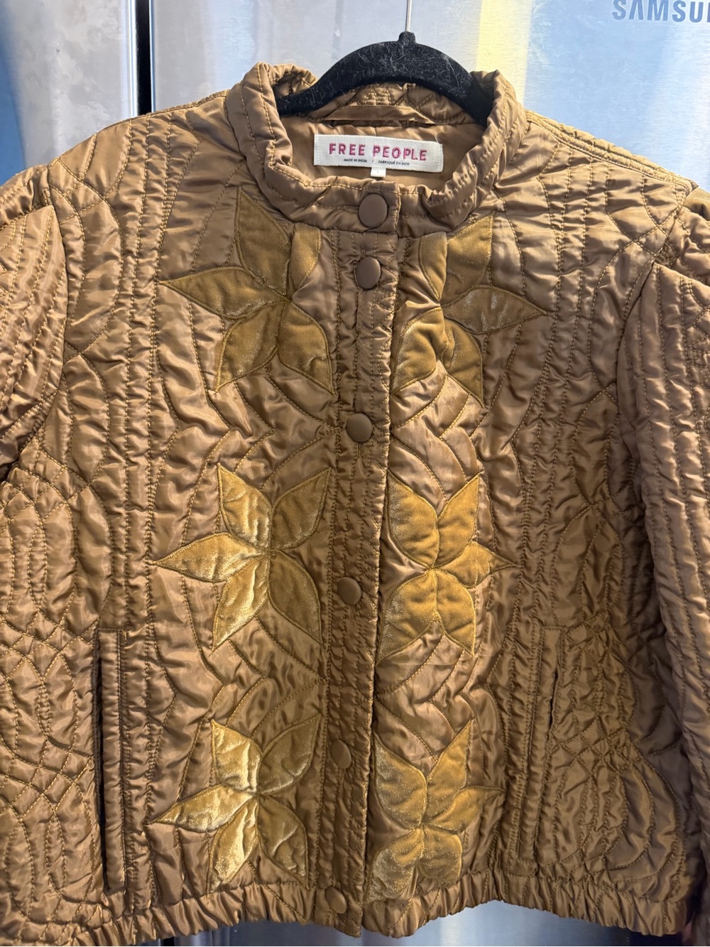 Free People Golden Brown Quilted Floral-Embroidered Puffer Jacket